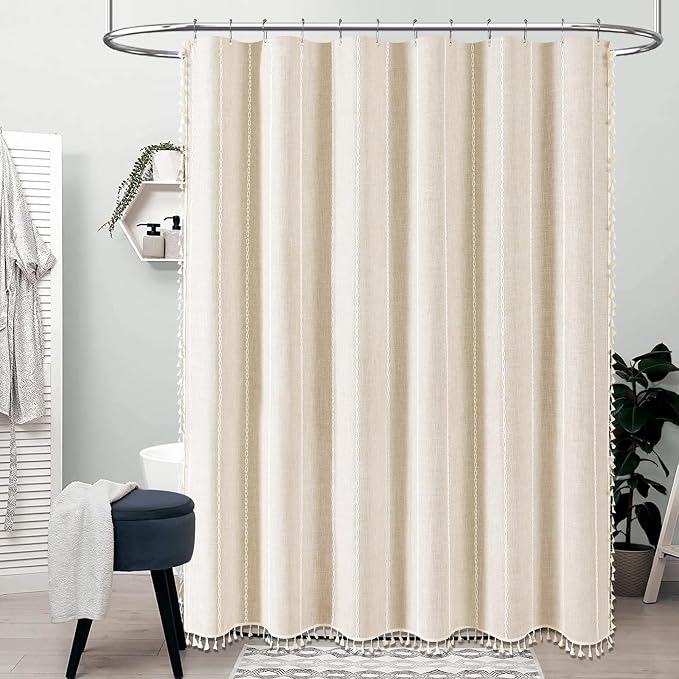 72 x 90 Boho Linen Heavy Duty Cloth Shower Curtain Set, Cream/Beige | Extra Long - Image 6