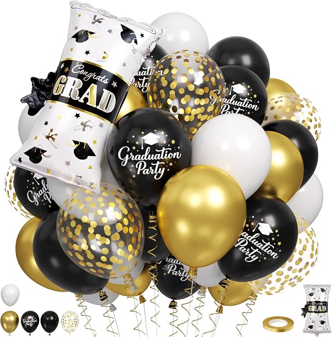 Black Gold Graduation Balloons, Certificate Foil Grad Printed Balloon by Paready