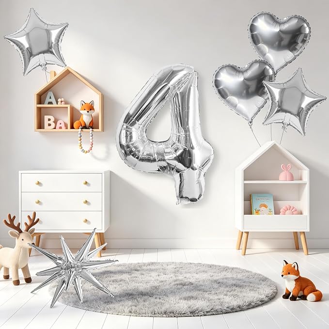 TONIFUL 4th Birthday Balloons Kit 40Inch Silver Large Number 4 Foil Balloon | - Image 3