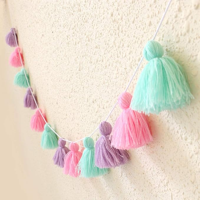 Big Size Tassel Garland H3.1in Polyester Yarn Colorful Pom Pom Tassel Banner by Binpeng