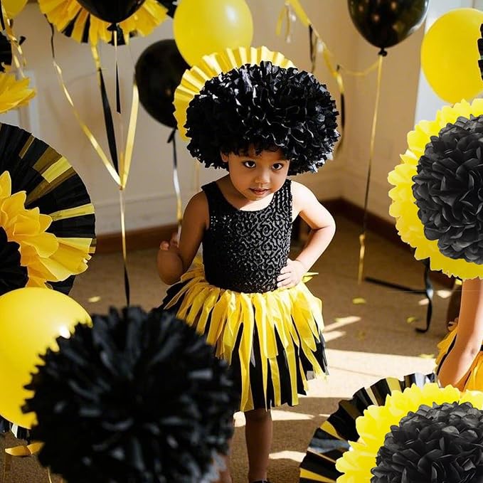 Capesaro Black and Yellow Tissue Paper Pom Poms, Bee Classroom Decor Wedding - Image 3