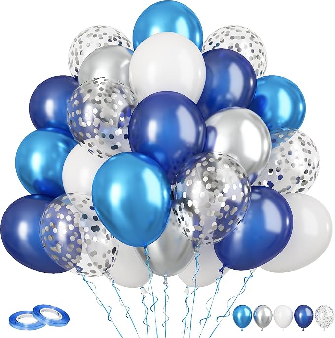 Navy Blue Silver Balloons, Metallic Silver, Boys Men Sports Graduation Baby by FunHot