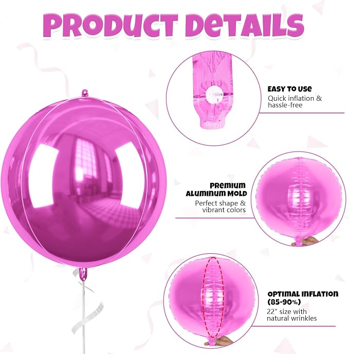 Hot Pink Round Foil Balloons, 22 Inch Pink Metallic Balloons, Sphere Ball - Image 3