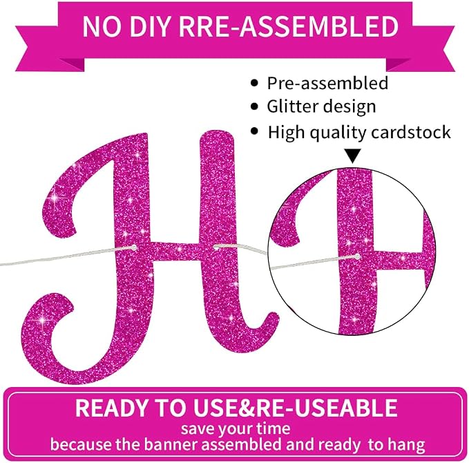 BEISHIDA Glitter Hot Pink Happy Birthday Banner Party Decoration NO DIY | - Image 3