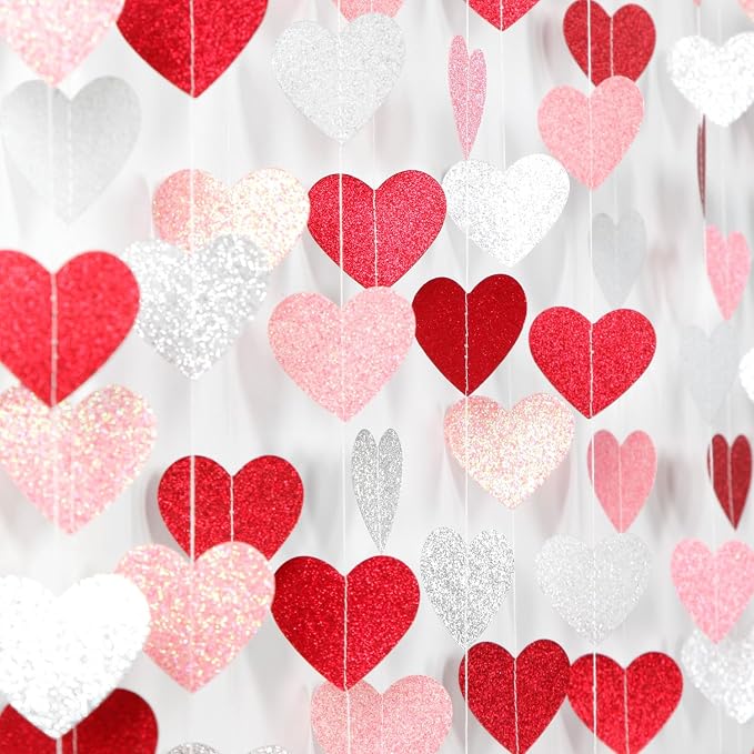 Glitter-Red Silver-Pink Valentines Party-Decorations Heart-Garland - 52ft by Burgleda