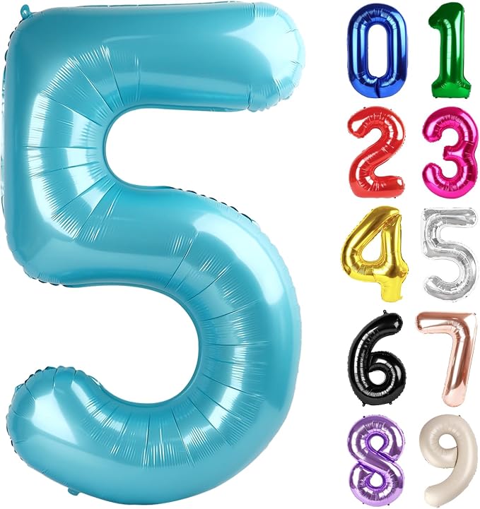5 Balloon - Pastel Blue Birthday Number Balloons, 40 Inch Decorations | Pastel by ALPHADELTAPI