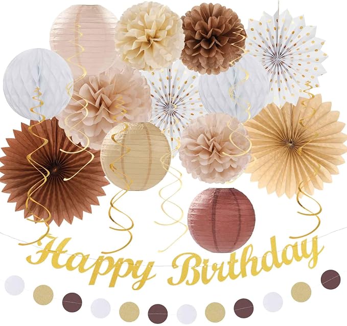 White-Brown Champagne-Gold Boho Birthday Party-Decorations by Huglony