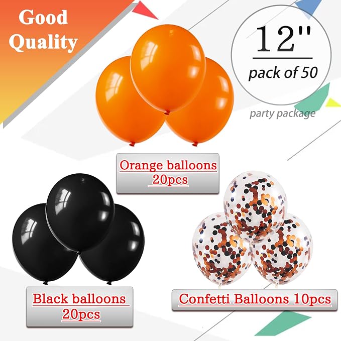 Orange and Black Balloons 50 Pack 12 Inch Black Orange Confetti Balloon - Image 2