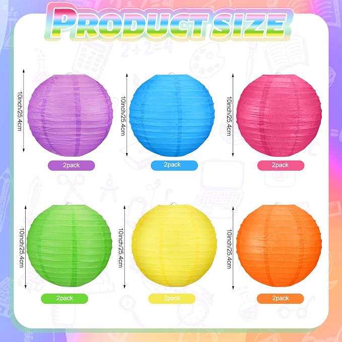 12 Pcs 10 Inch Hanging Paper Lanterns Party Decorations Modern Neon Classroom - Image 3