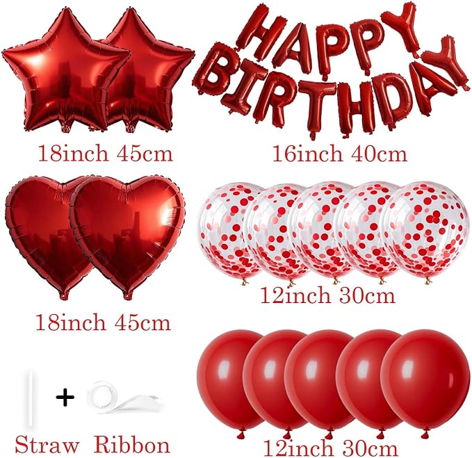 27 Pcs Red Birthday Decorations, 3D Foil Red Happy Birthday Balloon Banner - Image 2