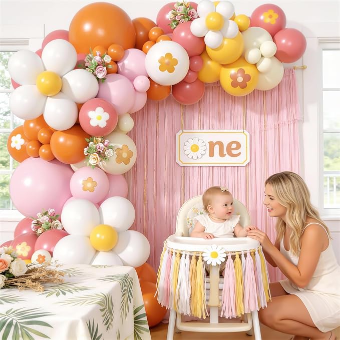 Daisy Balloon Garland Arch Kit, Retro Orange Yellow Pink Boho Balloon Arch Kit - Image 3