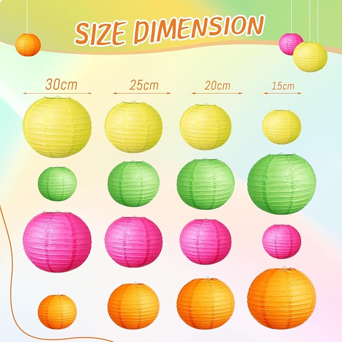 Riakrum 16 Pcs Neon Themed Paper Lanterns Birthday Party Decorations Mixed Size 6'' 8'' 10'' 12'' Colorful Chinese Hanging Paper Lanterns for Wedding Home Decorations Supplies