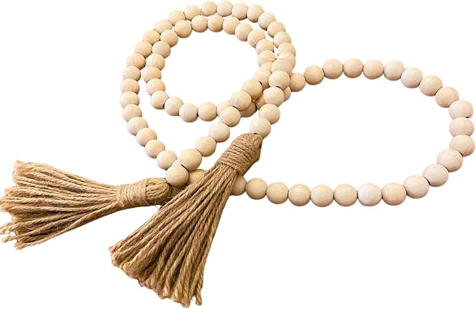 58in Wood Bead Garland Tassels, Farmhouse Tiered Tray Decor | Natural wood beads by PROBENEX-Elevateyourhomedecor