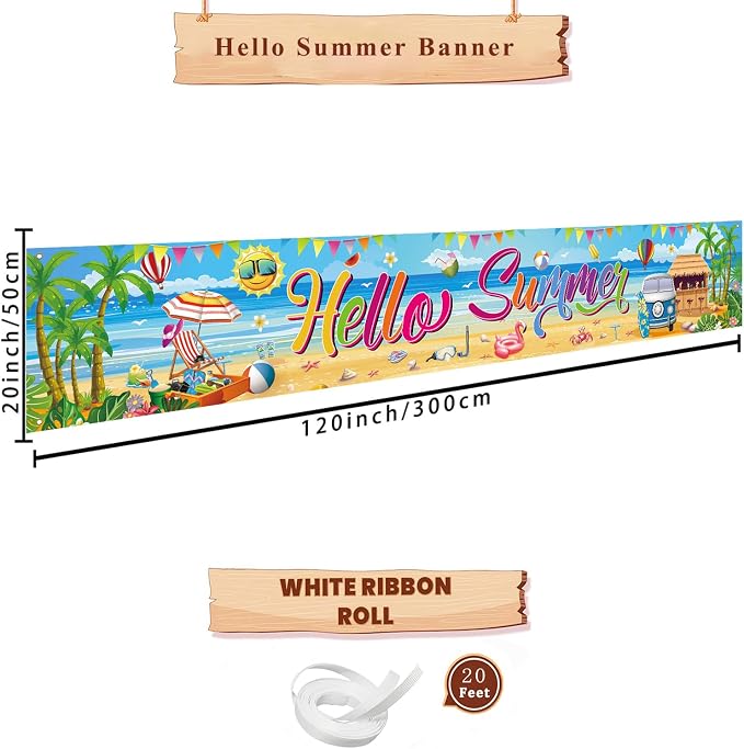 Hello Summer Banner, 118 x 20 Inch Beach Pool Hawaiian Luau Party Decorations - Image 4