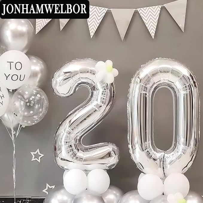Jonhamwelbor 20 Number Balloons Silver Giant Jumbo Big Large Number 20 Foil - Image 4