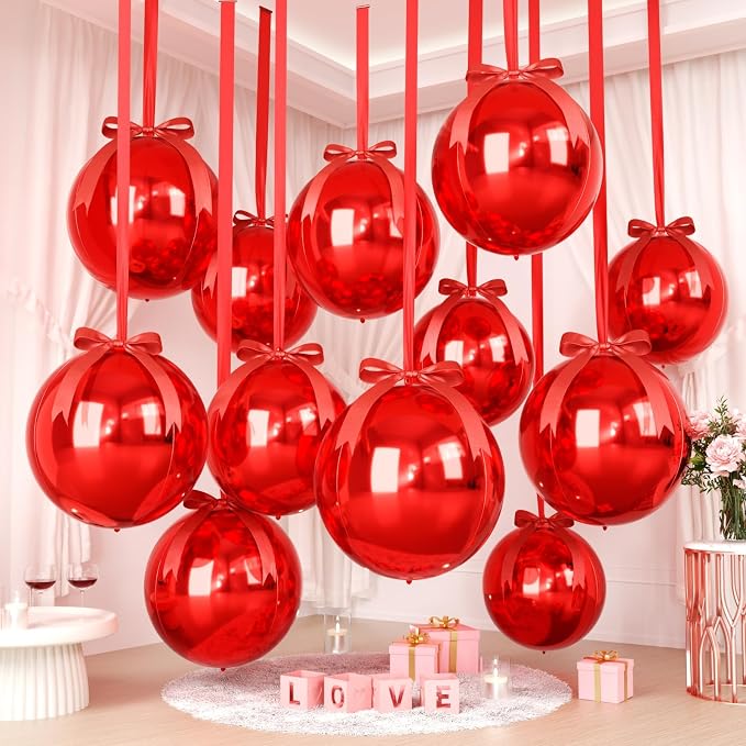 Red Round Foil Balloons with Satin Bows and Ribbon by FunHot