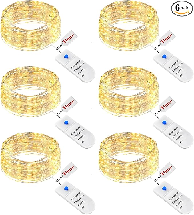 btfarm 6 Pack Fairy Lights Battery Operated with Timer, 2M 20 LED Mini String Lights Waterproof, 3 Modes Silver Wire Small Fairy Light for Jars Bottle Vases Christmas Table Decoration, Warm White