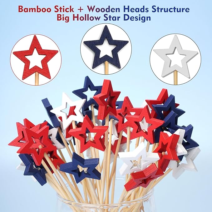 Minisland Big White Star Cocktail Picks, 5.5 Inch Long Bamboo Fancy Toothpicks for Appetizers, Decorative Independence Day Christmas Party Food Drinks Garnish Fruit Skewer Sticks 50 Counts - MSL434