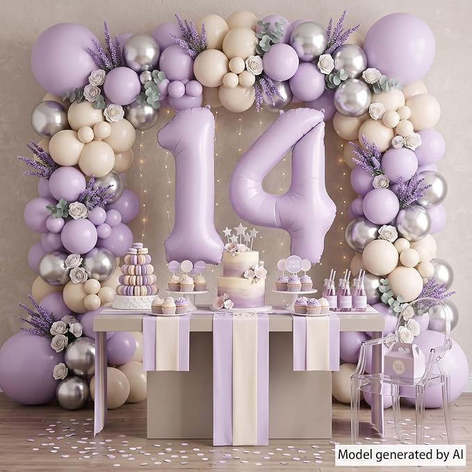Cream Purple Number 14 Balloon 40 Inch, Foil Numeral Party Decor | Matte Pastel - Image 3