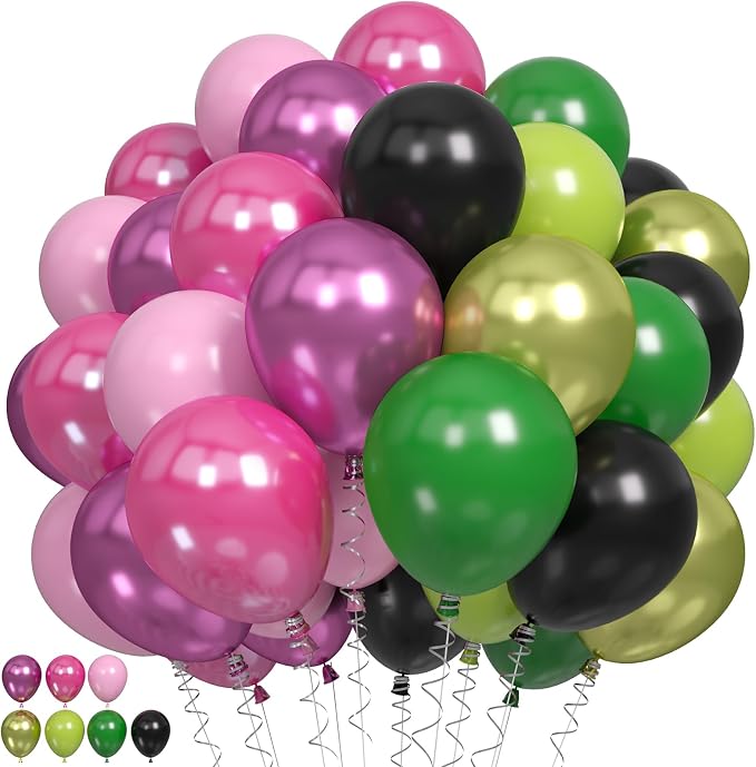 60PCS Black Pink Green Balloons, Hot Pink Dark Light Green Black Latex Balloon by Paready
