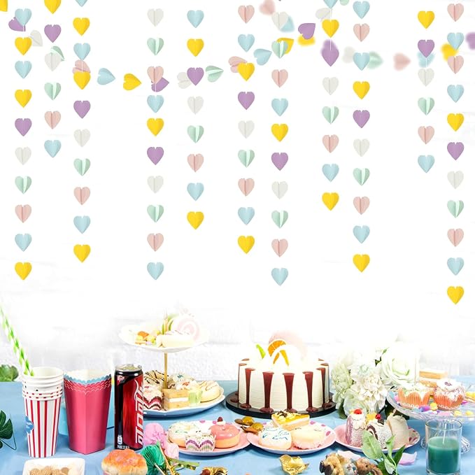 Pastel-Rainbow Party-Decorations 3D Heart Garland - 39Ft Yellow Blue Pink - Image 5
