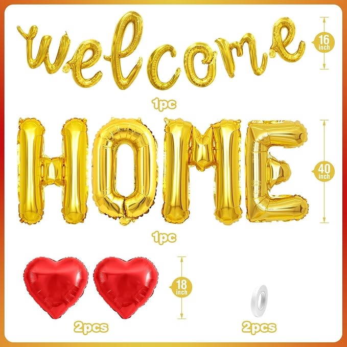 Welcome Home Balloons Red Gold, 40Inch HOME and 16Inch Welcome Foil Balloons - Image 2
