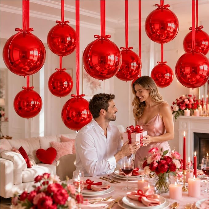 Red Round Foil Balloons with Satin Bows and Ribbon - Image 8