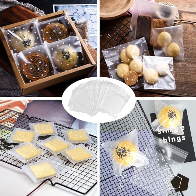 Searik Self Sealing Cookie Bags with Seal 4x6 Inches, 4 Mils Individual Self Adhesive Cellophane Plastic Candy Bags for Wedding Party Gift Giving Bakery Chocolate with Thank You Stickers 100 Pcs