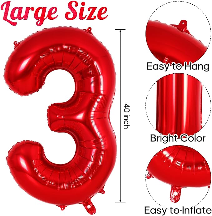 Red Number 3 Balloon 40 Inch, Big Large Foil Helium Number Balloons, Jumbo - Image 3