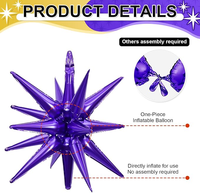 9Pcs Purple and Gold Star Balloons, Large Explosion Foil Balloons, Metallic - Image 3