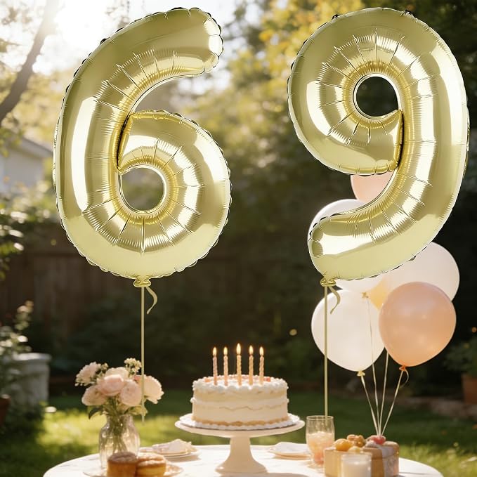 40 Inch Number 69 Balloons for 69th Birthday Party Decorations, 0-100 Champagne - Image 3