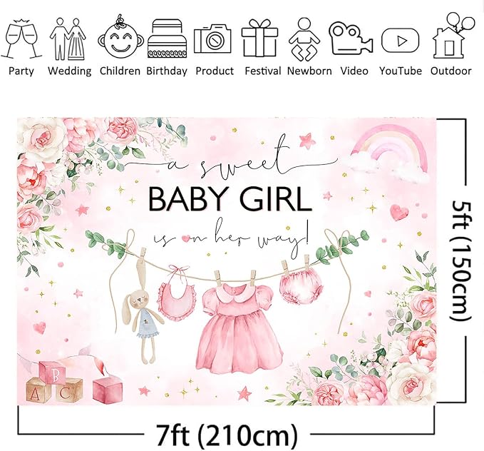Mocsicka 7x5ft Pink Baby Shower Backdrop - Image 5