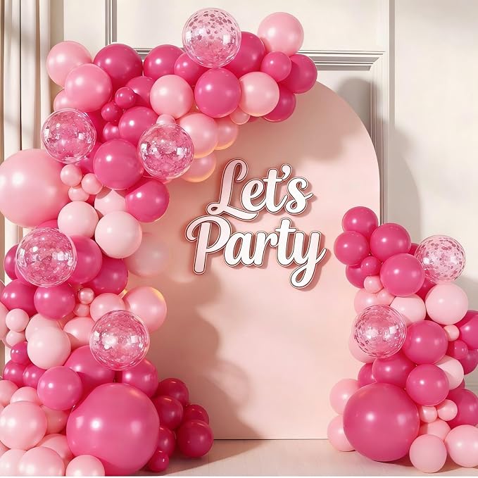 143 Pcs Hot Pink Confetti Rose Red Pink Balloon Arch Garland Kit | - Image 3