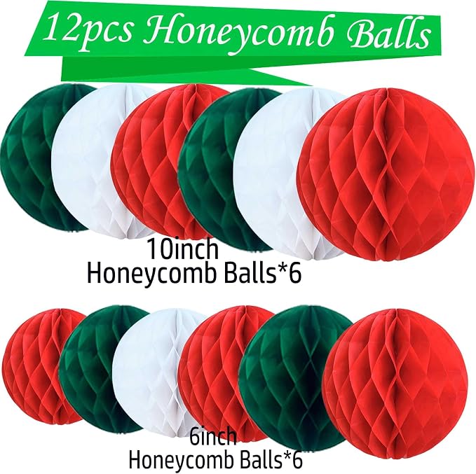 Red White and Green Paper Honeycomb Flower Balls-12 Pcs 6" 10" Tissue Pompoms - Image 7