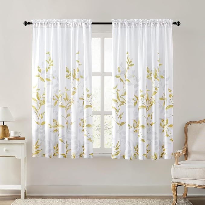 HOMEIDEAS Non-See-Through Gold and White Privacy Sheer Curtains 52 X 63 Inch by HOMEIDEAS