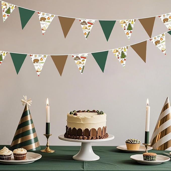 32Ft Camping Party Decorations Green Brown Camper Triangle Flag Fabric Banner Pennant Garland Streamers for Camping Birthday Glamping Baby Shower Campfire Adventure Woodland Travel Party Decor