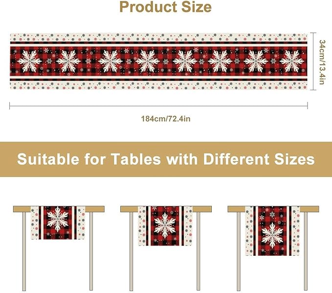 Snowflakes Christmas Table Runner,Red Buffalo Plaid Seasonal Winter Kitchen Dining Table Decoration for Home Party Decor 13x36 Inch