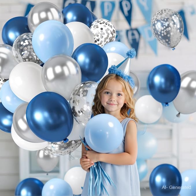 Zesliwy Blue White Silver Balloons Set, Party Decor | Metallic Dark Blue Sliver - Image 5