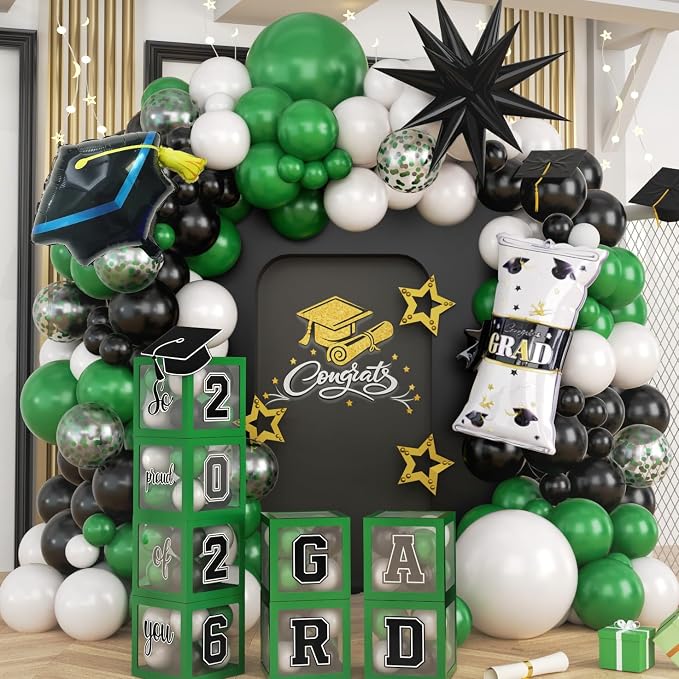 Congratulations Graduation Decor Class of 2026 Green and Black Balloons Arch kit by Jobkoo