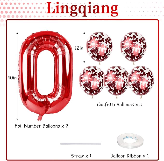 Red 60 Balloon Numbers and Confetti Balloons, 60th Birthday Balloons Set - Image 2