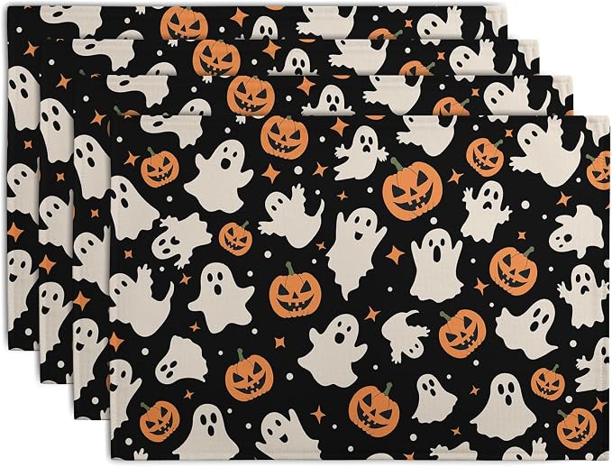 Halloween Placemats Set of 4 12x18 Inch Cute Ghost Pumpkin Table Mats Orange by Wnoesat