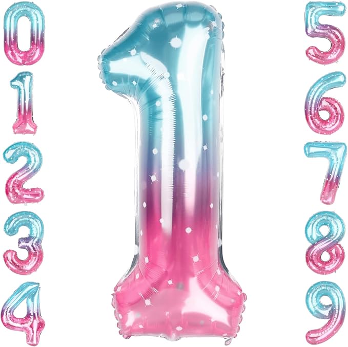 40 Inch Pink Blue Number 1 Balloon, Large Gradient Pink Blue Mylar Foil Number by Unknown