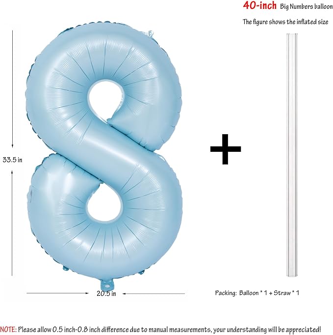 40 Inch Blue Number 8 Foil Balloon Light Blue Digital 8 Helium Balloon | - Image 2