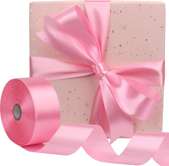 Pink Solid Satin Ribbon 1-1/2 Inch 50 Yards Solid Polyester Fabric Ribbon for Gift Wrapping Wedding Christmas Baby Shower Birthday Party Decoration Handmade Immortal Flower Craft