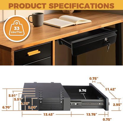 POPMOON 14 In Under Desk Drawer,Under Desk Pull Out Drawer with Lock and Keys,Adjustable Height, Metal Storage Drawer with Slide Extension Mounted Under Flat Wooden Table or Workbench,Black