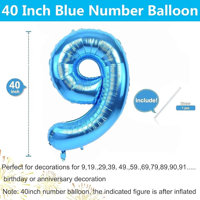 40 inch Blue Number Balloon Giant Foil Helium Balloons Blue Number 9 Balloon - Image 2