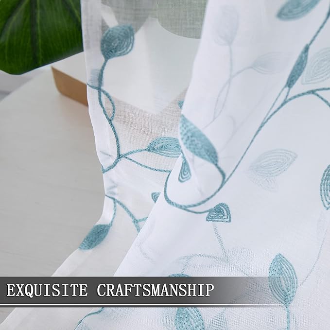 Tollpiz Leaves Short Sheer Tier Curtains Teal Blue Leaf Embroidery Kitchen Half - Image 6
