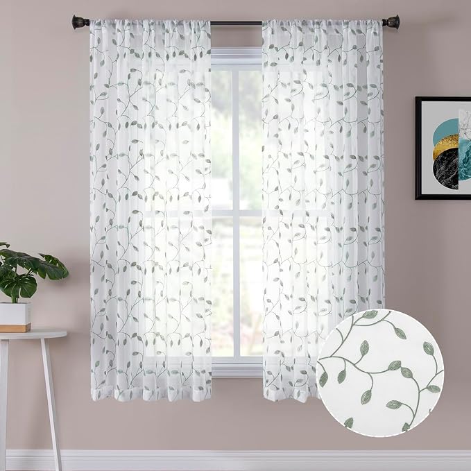 Tollpiz Leaves Short Sheer Curtain Sage Green Leaf Embroidery Living Room by Tollpiz