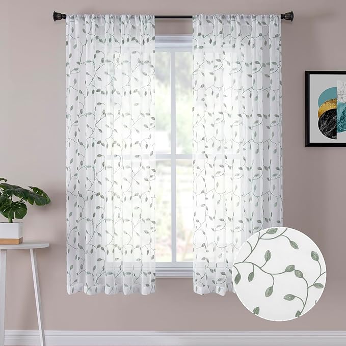 Tollpiz Leaves Sheer Curtain Sage Green Leaf Embroidery Living Room Curtains by Tollpiz
