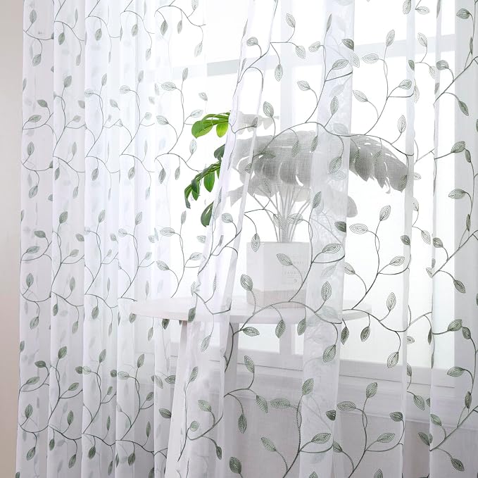 Tollpiz Leaves Sheer Tier Curtain Sage Green Leaf Embroidery Kitchen Half - Image 2